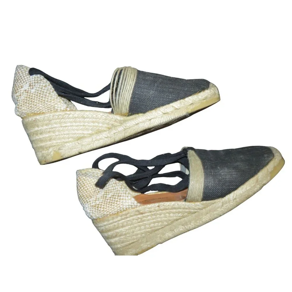 André Assous Boston Proper Fresco Black Linen Espadrille Wedges with Ankle Strap